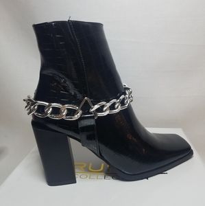 Chunky Chain faux croc square toed ankle boots